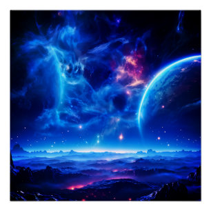 Póster Oásis Galáctica: Paisagem Estelar da Nebulosa Azul