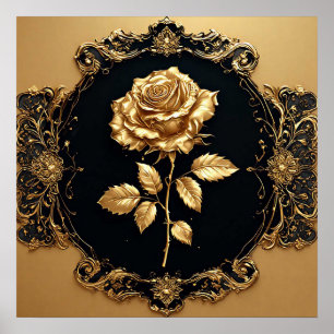 Poster Obra de Arte Rosa Dourada com Elemento Decorativo