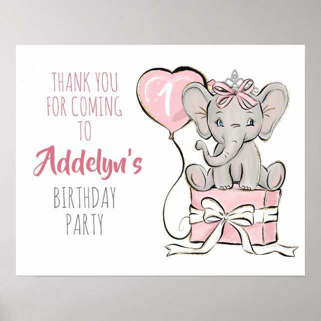 Poster Obrigada Festa de Aniversário Princesa Elefante Ba (Frente)