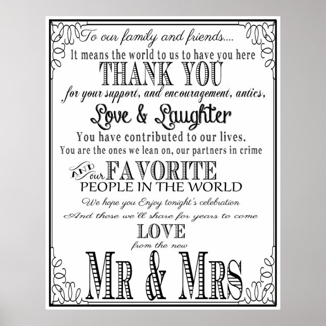 Poster Obrigado a placa de casamento Black & White (Frente)