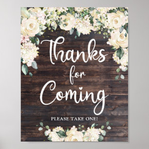 Poster obrigados de madeira para rosas brancas hydrangeas
