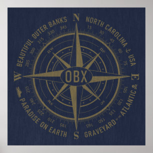 Poster OBX Compass Exterior Bancos Vintage Dourado Marinh
