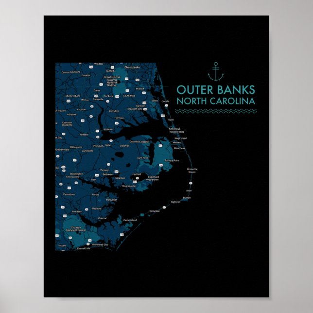Poster Obx Nc Outter Banks Map Duck Corolla Beach Vacing (Frente)