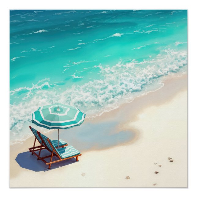 Póster Ocean Beach com Chaise Lounge e Umbrella (Frente)