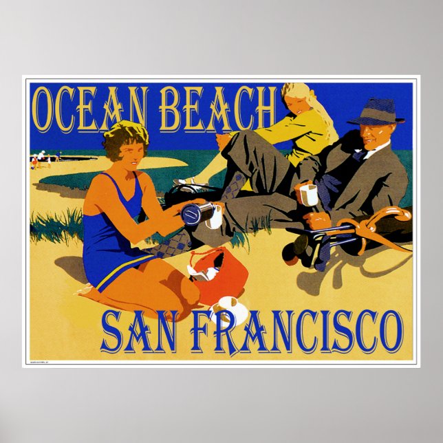 Póster Ocean Beach San Francisco, Califórnia Retro Beach (Frente)