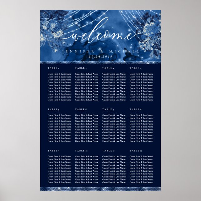 Poster Ocean Blue Navy Floral Table Plan Seating (Frente)
