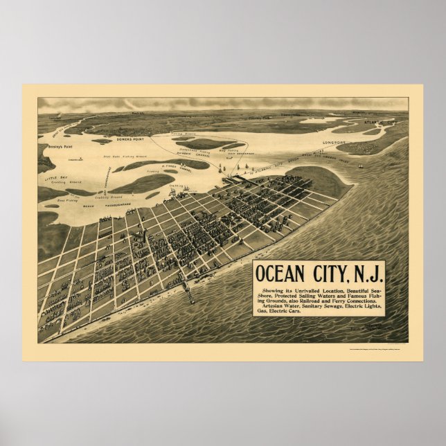 Póster Ocean City, Mapa Panorâmico NJ - 1903 (Frente)