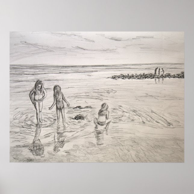Poster Ocean Discoveries Beach Day Pencil Art Drawing (Frente)