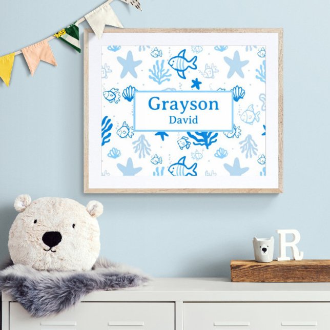 Poster Ocean Fish Custom Name Nursery Boys Art (Customize the name! Shown with white mat and wood frame. You will receive print or digital image .)