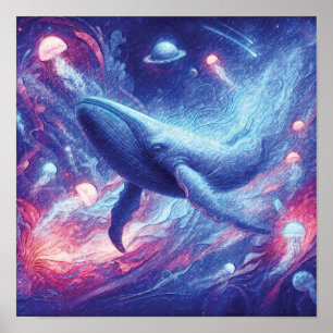 Poster Ocean Voyager Náutico Baleia no Mar Cósmico