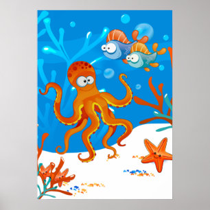Póster Oceano Aquático Polvo Fofo Estrela-do-Mar Quarto d