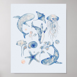 Poster Oceano de Peixes de Cor Azul e Rosa