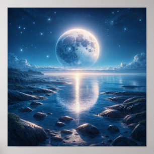 Poster Oceano lunar sob céu estrelado
