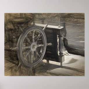 Poster Oceano Náutico Navio Marinho de Vintagem Sepia Art