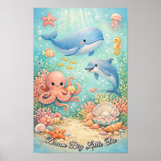 Poster Oceano Pastel Baleia Polvo Cavalo-Marinho Menino A