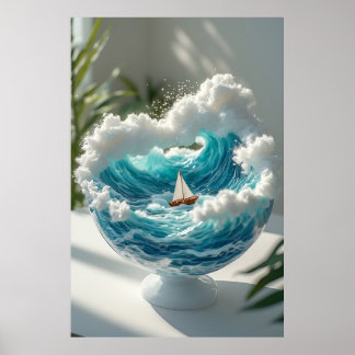 Poster 🌊 Oceano Surreal em Globo de Vidro Pequeno Barco