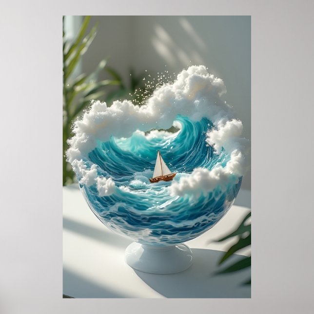 Poster 🌊 Oceano Surreal em Globo de Vidro Pequeno Barco  (Frente)