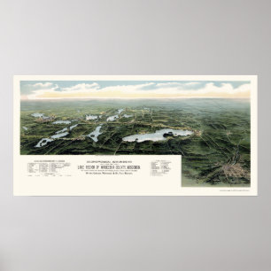 Póster Oconomowoc e Waukesha, mapa panorâmico dos WI -