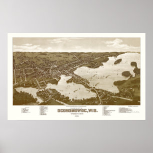 Póster Oconomowoc, mapa panorâmico dos WI - 1885
