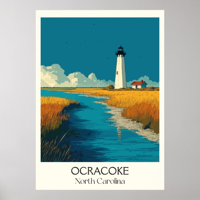 Poster Ocracoke NC Vintage Lighthouse Island Art (Frente)