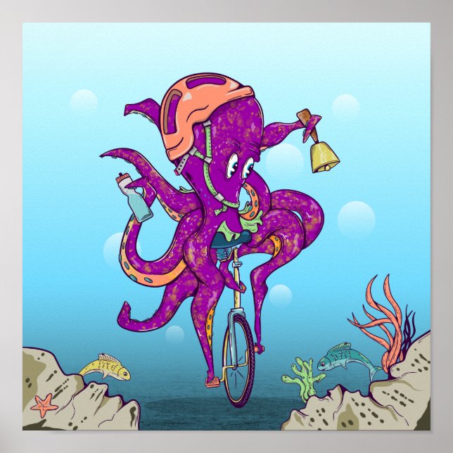 Poster Octopus Andando um monociclo (Frente)