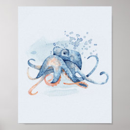 Poster Octopus Azul Aquarela Oceano Marinho