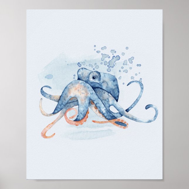 Poster Octopus Azul Aquarela Oceano Marinho (Frente)
