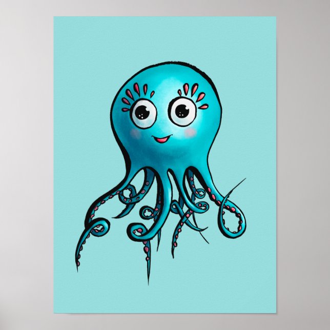Poster Octopus Azul-Cinto - Kawaii Cartoon Sea Animal Kid (Frente)