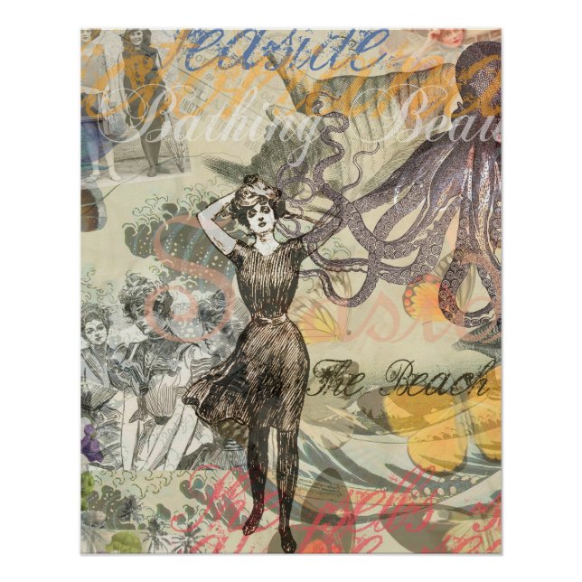 Póster Octopus Beach Antique Coastal Steampunk (Frente)