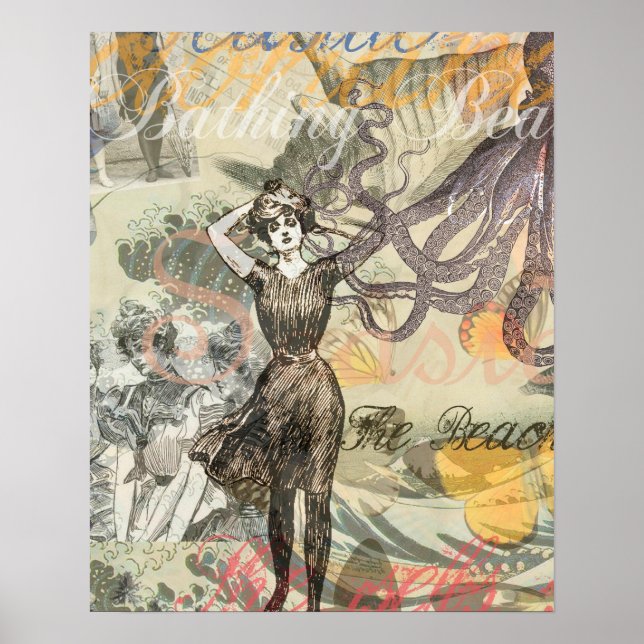 Póster Octopus Beach Antique Coastal Steampunk (Frente)