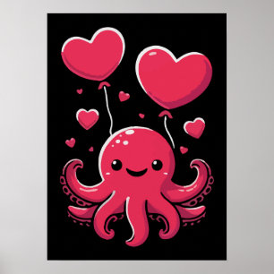 Poster Octopus bonito com balões cardíacos, Dia de os nam