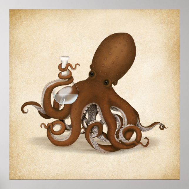 Poster Octopus Chemist Holding Glass Flask Steampunk Lab (Frente)
