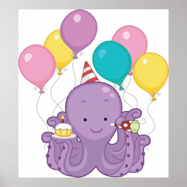 Poster Octopus de aniversário com balões e Cupcakes (Frente)