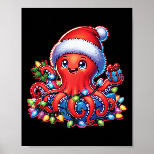 Poster Octopus De Natal Com Santa Hat E Luz De Férias (Frente)