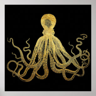 Poster Octopus Dourado de Tinta Preta  Costeira Náutica