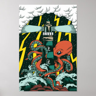 Poster Octopus e Farol do Estilo de Tatuagem Tradicional