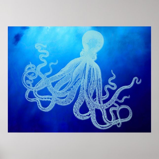 Póster Octopus gigante venenoso no oceano azul profundo (Frente)