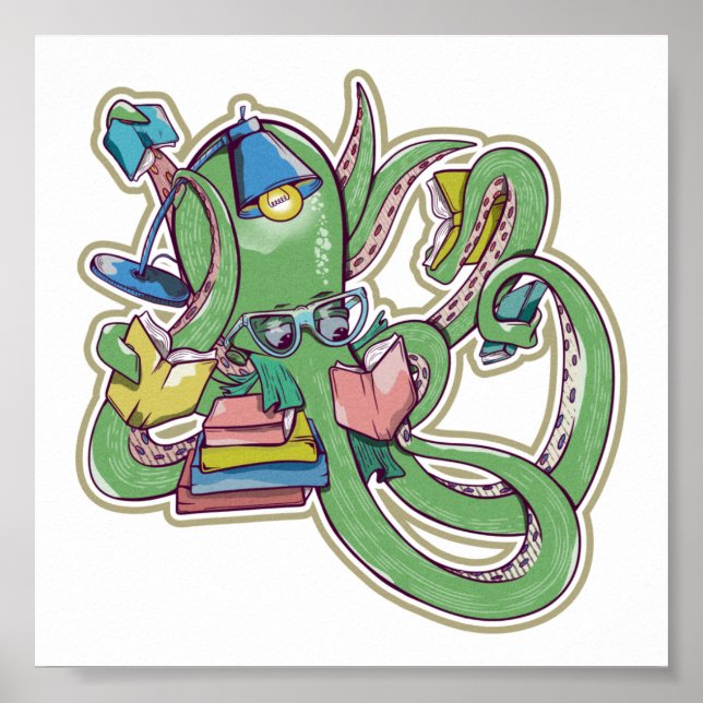 Poster Octopus Lendo livros (Frente)