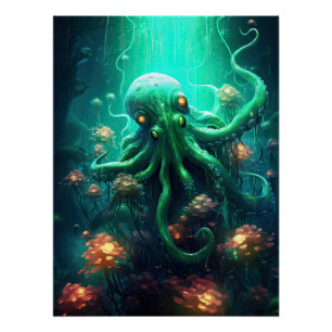 Póster Octopus Mítico Náutico Sob Criaturas Marítimas