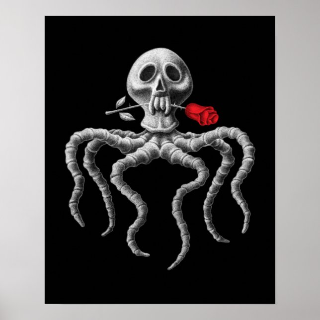 Poster Octopus preto-e-branco Crânio com Rosa vermelha (Frente)