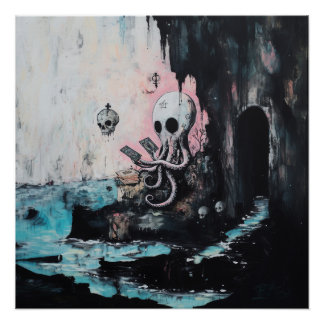 Póster Octopus Skull Tarot Witchy AI Art Sem Gloss