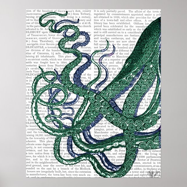 Poster Octopus Tentáculos Verde e Azul (Frente)
