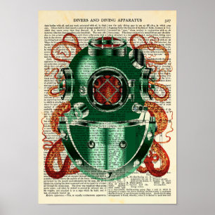 Poster Octopus Vestindo Capacete de Mergulho Curiosidade