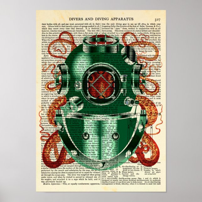 Poster Octopus Vestindo Capacete de Mergulho Curiosidade  (Frente)
