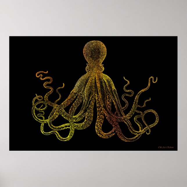Póster Octopus Vintage A Preto E Dourado (Frente)