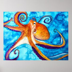 Poster Octopus watercolor sob a arte do mar