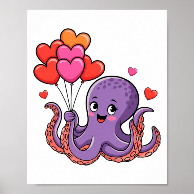Poster Octopus With Heart Lloons Valentine Day  (Frente)