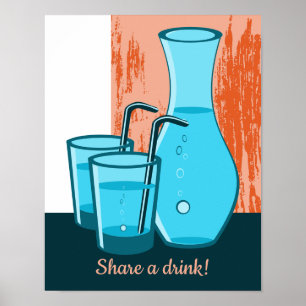 Poster Óculos Azuis, Palha e Carafé Compartilham uma Bebi