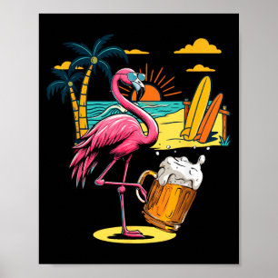Poster Óculos de Sol Flamingo Bebendo Cerveja na Praia En