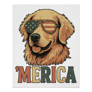 Póster Óculos de Sol 'Merica do Golden Retriever